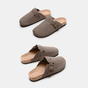 Charcoal suede clog slides with cork sole and buckle detail