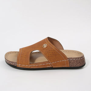 Brown perforated pu leather wedge sandals with white stitching and a gold accent.