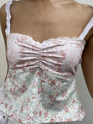 Pale blush mixed print corset cami with ruched detail and lace straps