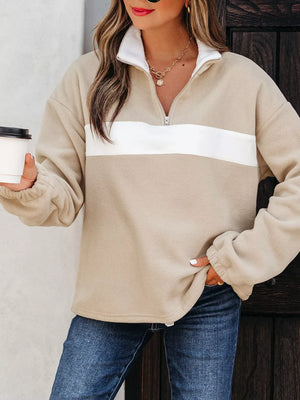 Fleece Colorblock Patchwork Zipped Neck Pullover in Khaki, side view