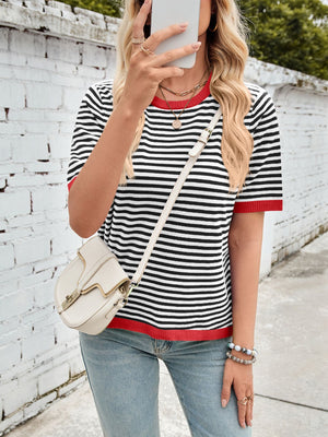 Striped knit tee with red trim and short sleeves.
