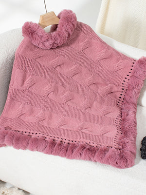 Dusty Pink cable knit poncho with faux fur trim and open knit detail