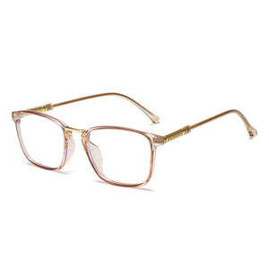 Premium anti-light glasses with clear lenses, clear acetate frames, and gold temples.