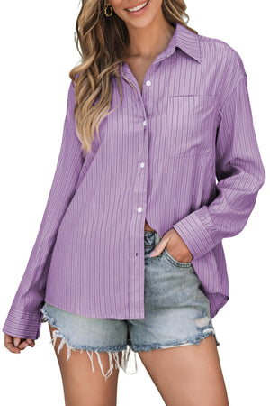 Oversized lilac striped Oxford shirt with button front and chest pocket.