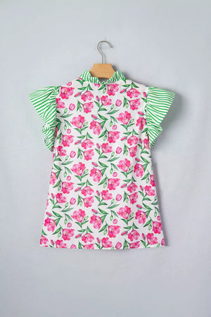 Tulip print polyester blouse with ruffled striped sleeves and collar.