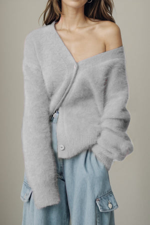 Light Gray fluffy angora V-neck button cardigan with long sleeves.