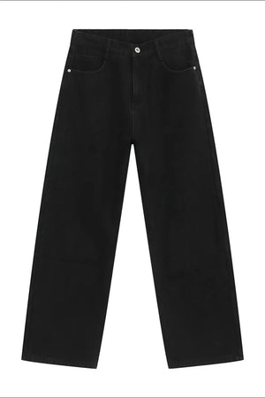 Black wide-leg denim jeans with a relaxed, baggy fit and classic five-pocket styling.