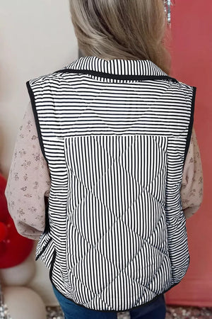 Striped Quilted Vest Coat in Black, fabric detail