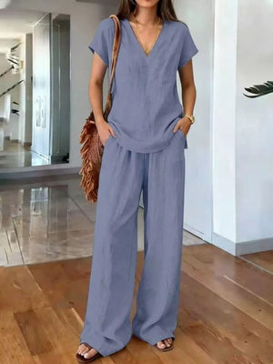 Full Size V-neck Short Sleeve Top And Pants Set in Light Brown, view 13