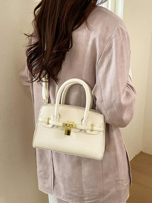 Lock Detail Top Handle Crossbody Bag in White, front view
