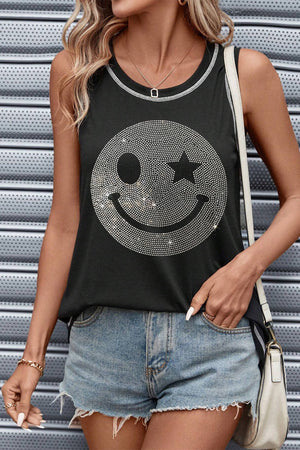Black rhinestone smiley face tank top with contrast stitching and a scoop neckline.