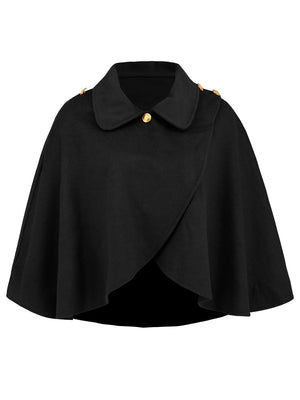 Black asymmetric cape jacket with button front and gold button details.