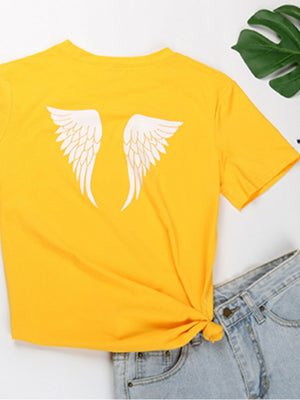 Yellow t-shirt with white angel wings graphic and knotted front detail.