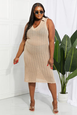 Tan open-knit collared midi cover-up with vertical stripes and a V-neck.