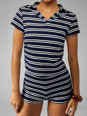 Chic striped knit two-piece set with polo collar and short sleeves in blue stripes.