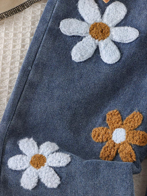 Children's Round Neck Top And Flower Jeans Set in Dark Brown, fabric detail