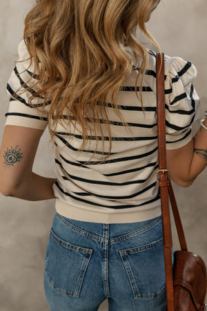 Cream and black striped knit top with puff sleeves and a crew neck.