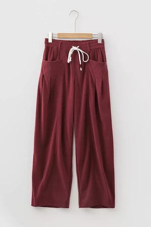Elastic Waist Drawstring Corduroy Casual Pants in Burgundy, fabric detail