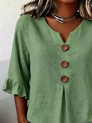Casual Ruffle-sleeve Decor-button Top Plus Size in Burgundy, fit detail