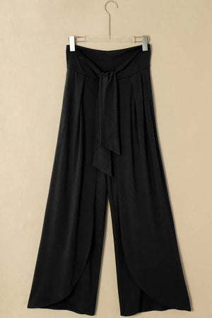 Black wrap-front palazzo pants with tie waist and slit hem
