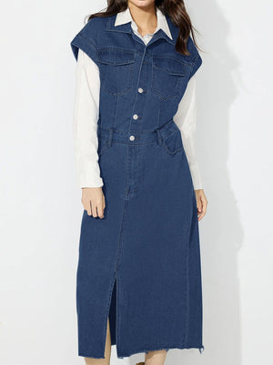 Sleeveless dark wash denim midi dress with button front, collar, and thigh slit
