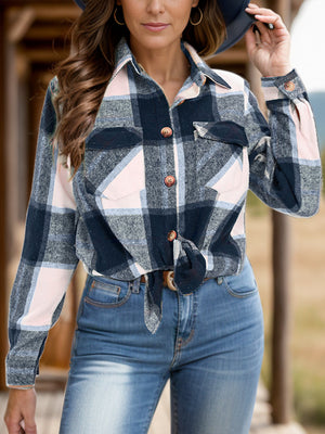 Checked plaid button-down overshirt with knot detail and chest pockets.