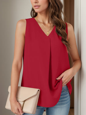 Deep Red sleeveless blouse with V-neck and front pleats.
