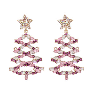 Festive crystal tree dangle earrings with pink and purple stones and a star top.