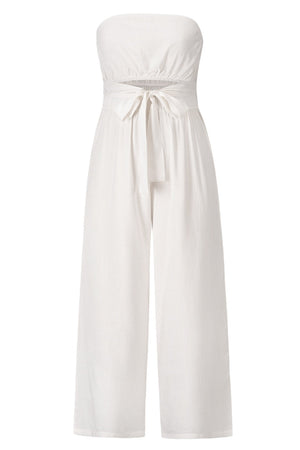 White bandeau jumpsuit with tie-waist and wide-leg pants