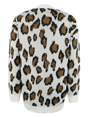 White leopard print knit cardigan with open front and long sleeves.