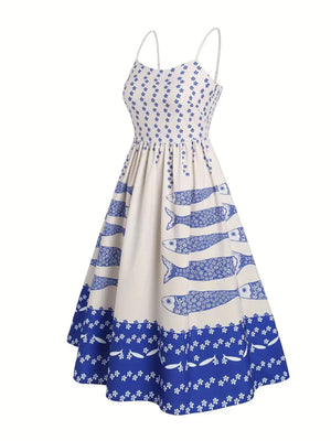 Spaghetti strap midi dress in royal blue with a sardine graphic print and floral accents.