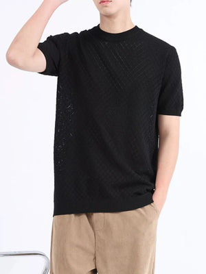 Men's black diamond knit short sleeve tee with crew neck.