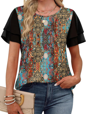 Layered ruffled short sleeve t-shirt with multicolor floral print and black sleeves.
