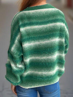 Green and white ombre stripe fluffy knit crewneck jumper with fuzzy textured stripes.