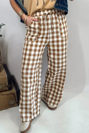 Gingham Plaid Tie Elastic Waist Shift Pants, side view