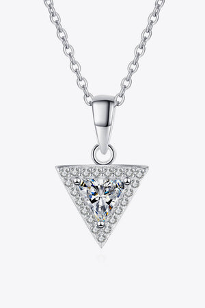 Silver geometric halo moissanite necklace with a triangle pendant and sparkling stones.