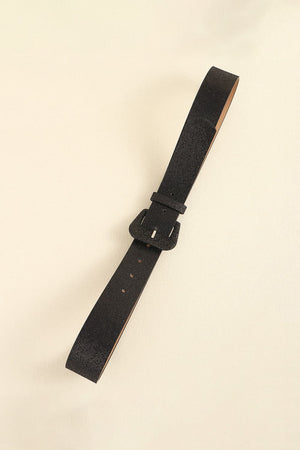 Black glitter belt with a square buckle and textured finish.