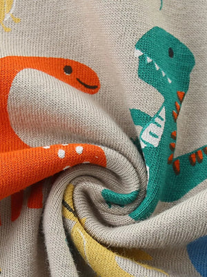 Toddler crew-neck tee in light gray cotton with a dinosaur print featuring orange and green dinosaurs.