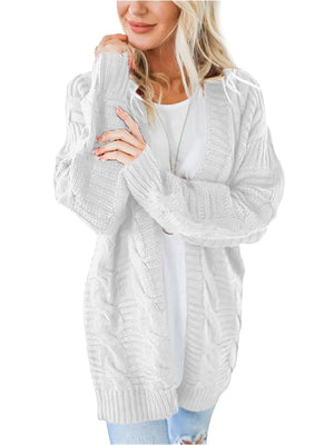 White cable knit duster cardigan with textured sleeves and open front.