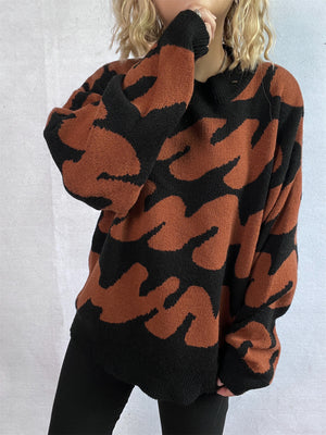 Graphic Wave Knit Sweater in Camel and Black with a relaxed fit and crew neck.