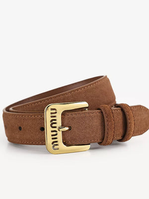 Brown cowhide leather belt with gold logo buckle