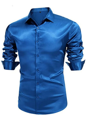 Blue satin finish slim fit button-down shirt with ruched sleeves
