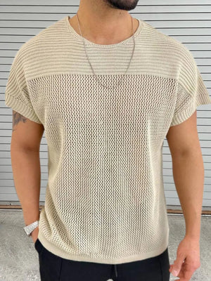 Open knit boxy t-shirt in ivory with short sleeves and a crew neck.