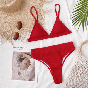 Red ribbed triangle bikini with high-waist brief
