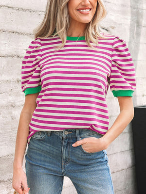 Striped puff sleeve tee with green trim and neckline, cotton blend, round neck.