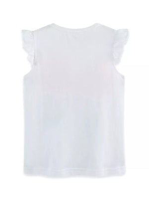 White cotton t-shirt with ruffle sleeves and a subtle butterfly graphic.