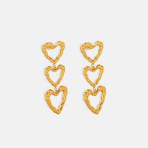 Gold triple heart drop earrings with textured finish