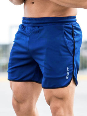 Royal blue performance shorts with black contrast piping and side logo detail.