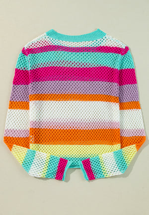 Rainbow crochet openwork sweater with horizontal stripes in pink, purple, orange, white, and teal.