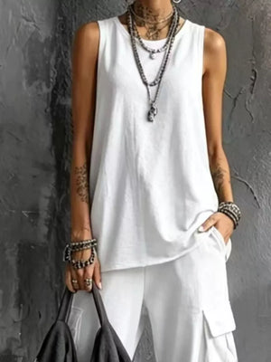 Casual Tank And Cargo Pants Set Plus Size in Sky Blue, model styling view